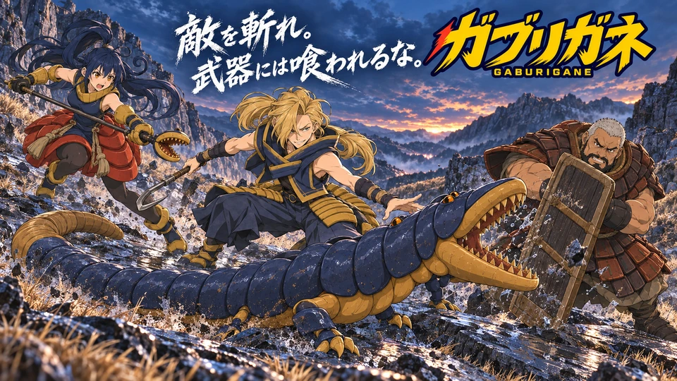 ガブリガネのロゴとキービジュアル。敵を斬れ。武器には喰われるな。