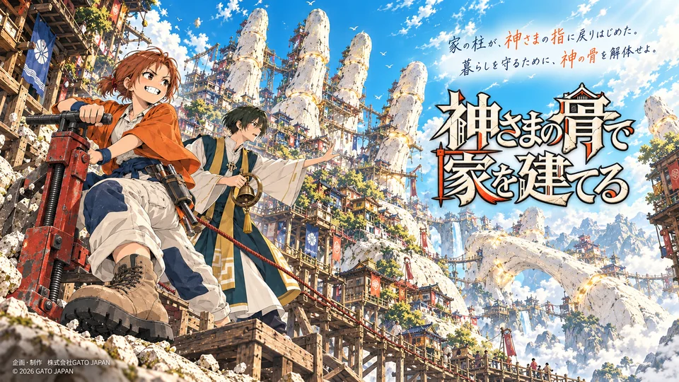 神さまの骨で家を建てるの正式ロゴ・作品紹介入り横長キービジュアル