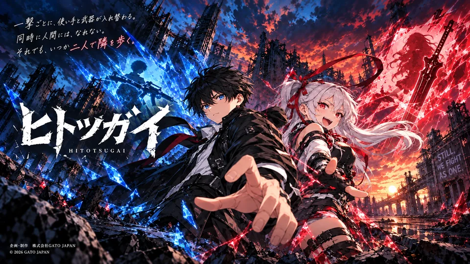 ヒトツガイの正式ロゴ・作品紹介入り横長キービジュアル