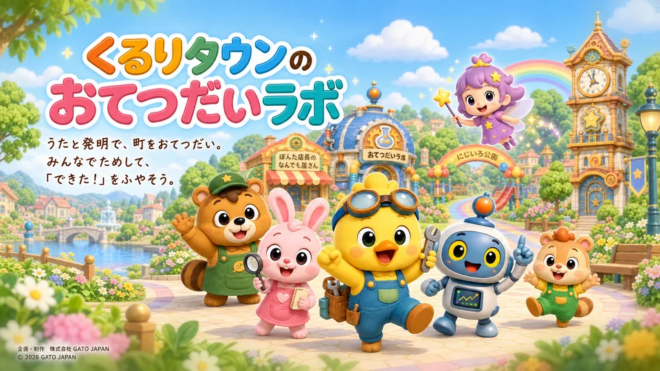 くるりタウンのおてつだいラボの正式ロゴ・作品紹介入り横長キービジュアル